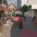 Swing Door For Red Brick Building Outdoor Dining Area With Wooden Tables And Umbrellas