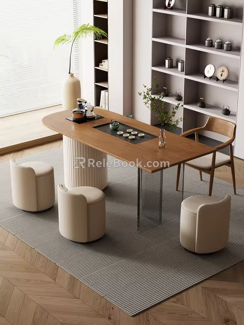 Japanese-style log tea table and chair 3d model
