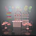 Pink Cafe Furniture With Neon Signs Tables Chairs Bar Counter And Decorations