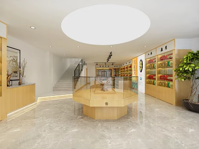 Modern Specialty Store Interior With Hexagonal Display Counter Wooden Shelves Marble Floor And Green Plant 3d model