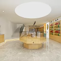 Modern Specialty Store Interior With Hexagonal Display Counter Wooden Shelves Marble Floor And Green Plant