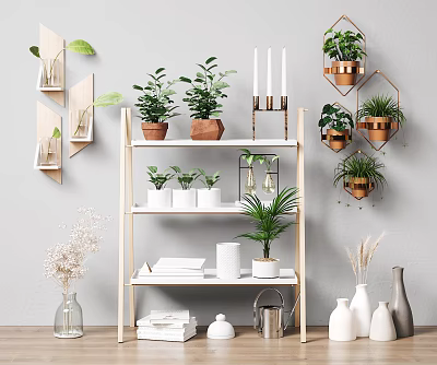 Modern Wooden Shelving Unit With Plants Vases Candles And Wall Mounted Hexagon Shelves 3d model