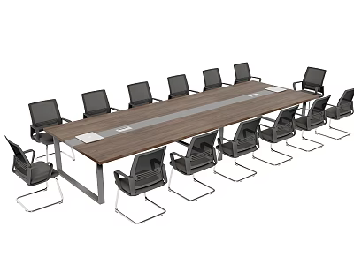 Long Rectangular Modern Wooden Conference Table With Black Metal Frame Chairs 3d model