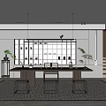 Modern Tea Room Interior Design With Wooden Tea Table Decorative Shelves And Potted Plants