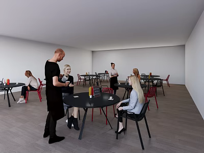 Modern Cafe Interior Featuring Black Tables And Red Chair Sets For Customers 3d model