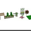 Garden Landscape With White Picket Fence Green Trees Bamboo Pink Flowers Red Tree Green Lawn