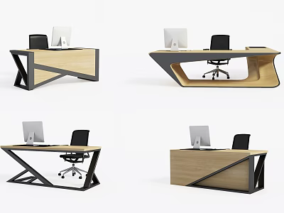 Modern Office Desk Design With Wooden Top Black Metal Frame Computer Monitor And Office Chair 3d model