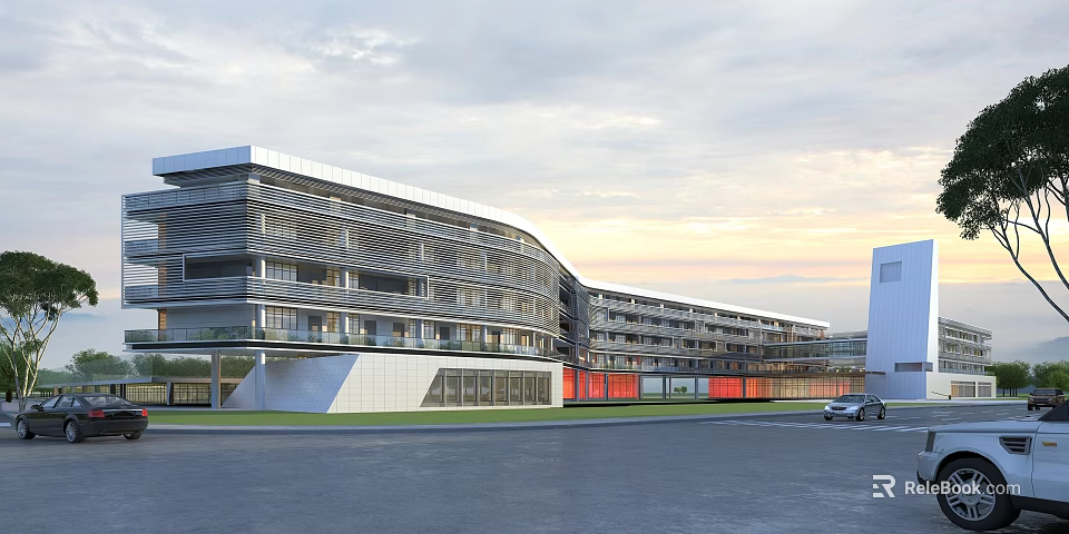 Modern School Building Exterior With Glass Walls Curved Design Red Accents Lawn And Parking Lot 3d model 