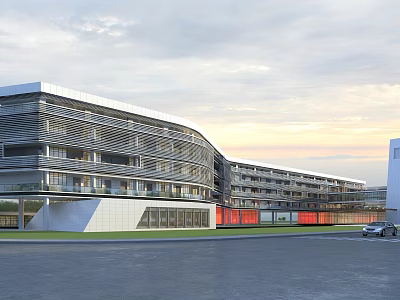 Modern School Building Exterior With Glass Walls Curved Design Red Accents Lawn And Parking Lot 3d model