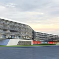 Modern School Building Exterior With Glass Walls Curved Design Red Accents Lawn And Parking Lot