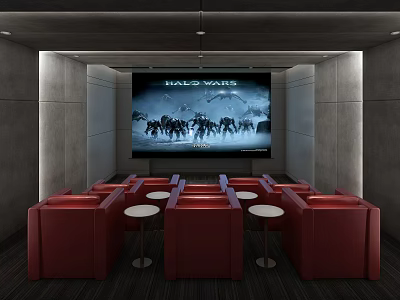 Home Theater Interior Design With Large Projection Screen Red Leather Seats And Small Round Tables 3d model