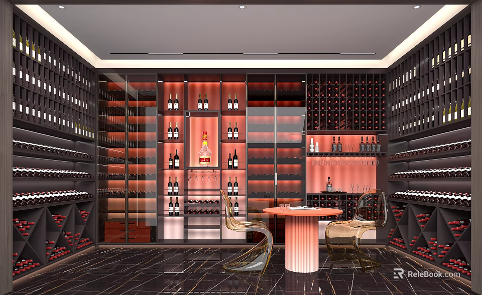 Luxurious Modern Wine Cellar Interior With Wooden Wine Racks Round Table And Chairs 3d model 
