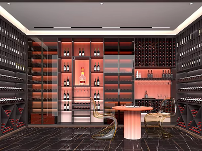 Luxurious Modern Wine Cellar Interior With Wooden Wine Racks Round Table And Chairs 3d model