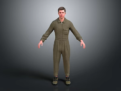 Man in Green Overalls Standing with Hands Naturally Hanging Down on Gray Background 3d model