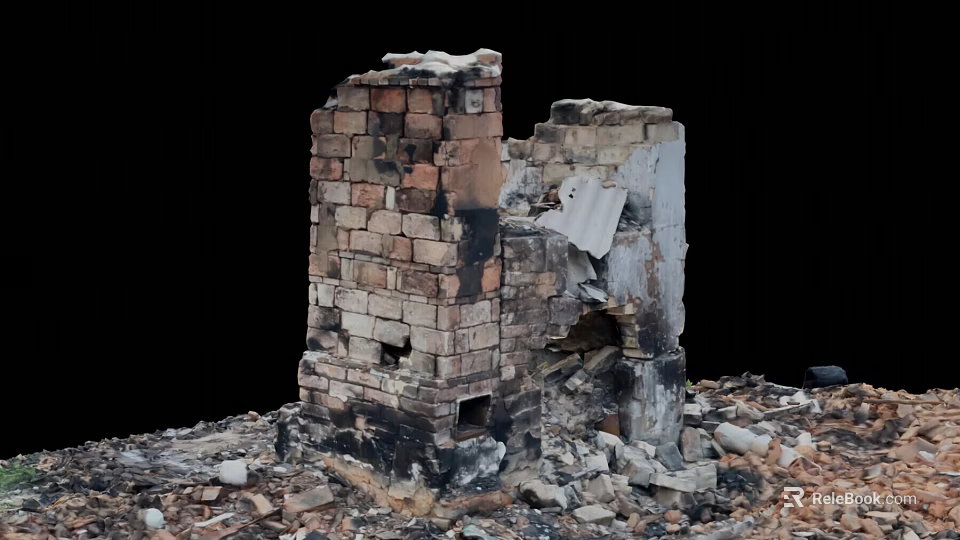 Burnt Brick Wall Ruins With Damaged Structure And Scattered Debris 3d model