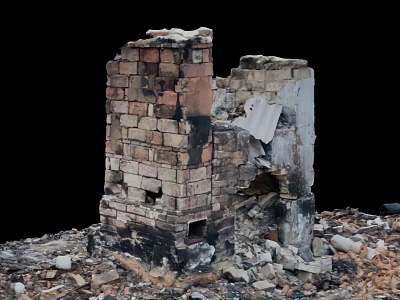 Burnt Brick Wall Ruins With Damaged Structure And Scattered Debris 3d model