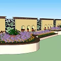 Yellow Building Exterior Wall With Arched Windows And Decorative Iron Grilles And Purple Flower Beds