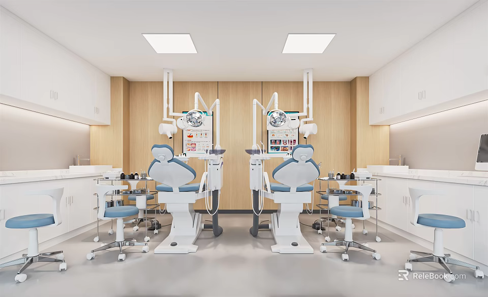 Modern Dental Clinic Interior With Treatment Chairs Medical Equipment Wooden Walls And White Cabinets 3d model 