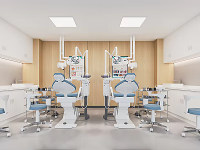Modern Dental Clinic Interior With Treatment Chairs Medical Equipment Wooden Walls And White Cabinets 3d model