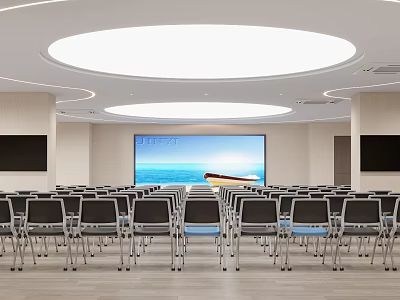 Modern Conference Room With Rows Of Chairs Large Screen And Round Ceiling Lights 3d model