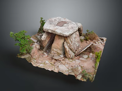 Natural Stone Structure with Green Plants and Rocky Ground Outdoor Scene 3d model