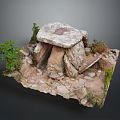 Natural Stone Structure with Green Plants and Rocky Ground Outdoor Scene