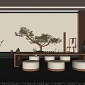 Zen Inspired Tea Room Interior Design With Pine Tree Round Cushions And Decorative Items