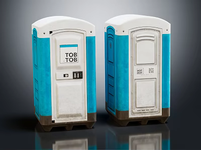 Two Blue And White Portable Toilets With TOB TOB Sign And Free Label 3d model