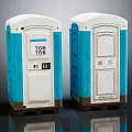 Two Blue And White Portable Toilets With TOB TOB Sign And Free Label