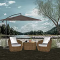 Wicker Outdoor Sofa with Parasol Coffee Table in Garden Grass Trees and Lake View