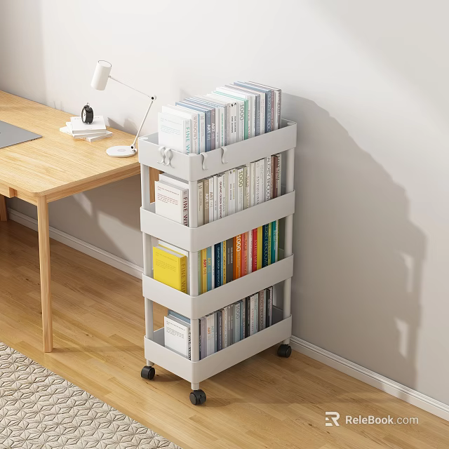 Multi Tiered Rolling Storage Shelf with Books in Home Office Study Space 3d model