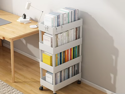 Multi Tiered Rolling Storage Shelf with Books in Home Office Study Space 3d model