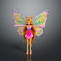 Fairy With Colorful Wings And Peacock Feather Patterns Wearing Crown Pink Dress Long Golden Hair