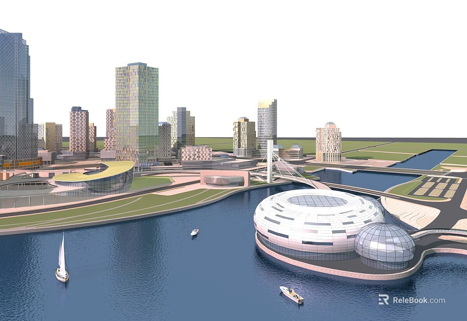 Modern Commercial Complex in Urban Waterfront Landscape With High Rise Buildings and Boats 3d model 