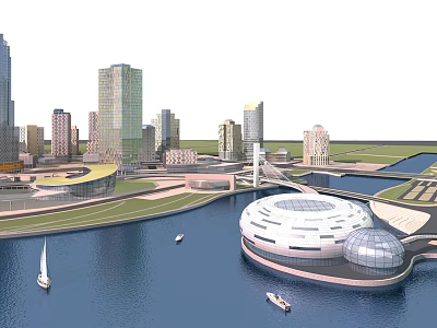 Modern Commercial Complex in Urban Waterfront Landscape With High Rise Buildings and Boats 3d model