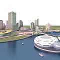 Modern Commercial Complex in Urban Waterfront Landscape With High Rise Buildings and Boats