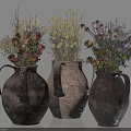 Three Earth Toned Textured Ceramic Vases With Mixed Dried Flowers 3d model