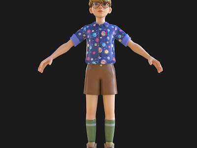 Game and Movie Boy Character Wearing Glasses Blue Printed Shirt Brown Shorts Green Socks 3d model