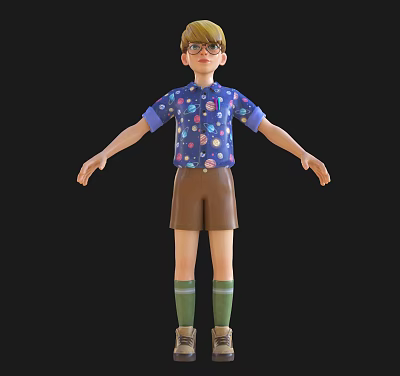 Game and Movie Boy Character Wearing Glasses Blue Printed Shirt Brown Shorts Green Socks 3d model