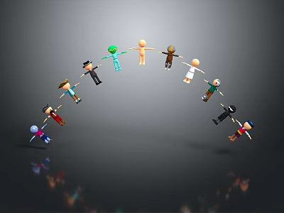Colorful Game and Movie Characters Holding Hands Forming Circle on Gray Background with Reflections 3d model