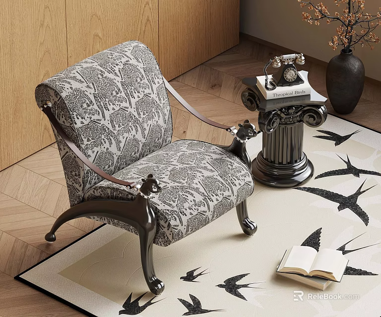Vintage Floral Armchair Near Pedestal Table with Telephone Vase on Bird Pattern Rug Open Book 3d model 