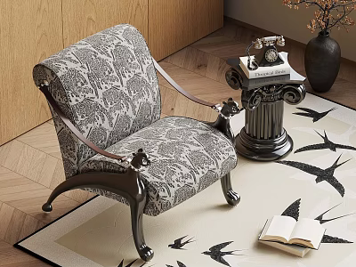 Vintage Floral Armchair Near Pedestal Table with Telephone Vase on Bird Pattern Rug Open Book 3d model