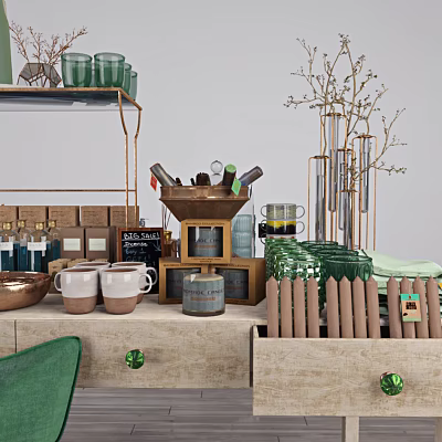 Stylish Kitchen Countertop with Copper Utensils Glassware and Ceramic Storage Jars 3d model