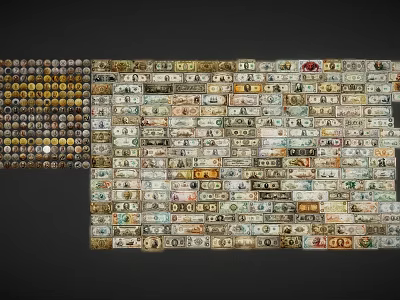 Collection Of Different Country Banknotes Neatly Arranged In Rows On 3d model