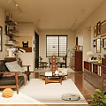 Living Dining Room Interior With Black Leather Sofa Green Plant Decorative Painting And Wooden Bookshelf