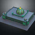 3D Architectural Model Featuring Green And Gold Central Dome With Smaller Domes And Arched Designs