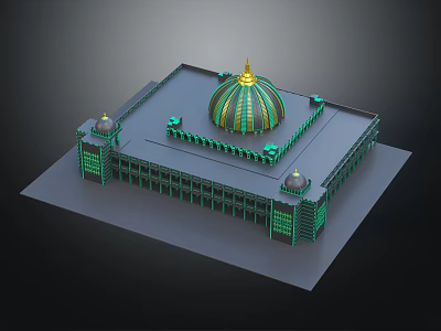 3D Architectural Model Featuring Green And Gold Central Dome With Smaller Domes And Arched Designs 3d model