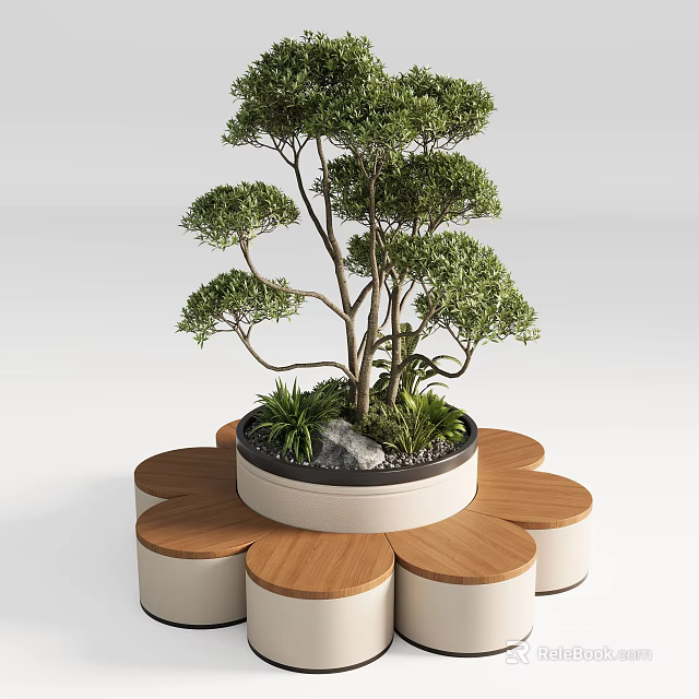 Petal Shaped Outdoor Chair With Wooden Seats And Potted Tree Greenery 3d model 