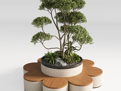 Petal Shaped Outdoor Chair With Wooden Seats And Potted Tree Greenery 3d model