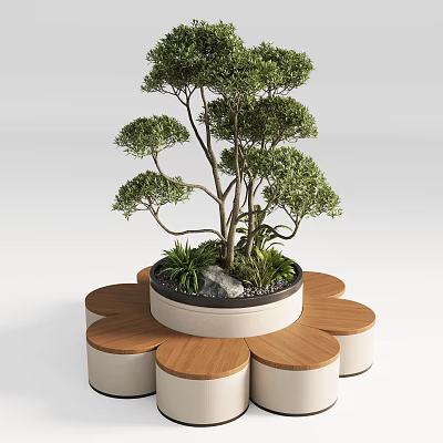 Petal Shaped Outdoor Chair With Wooden Seats And Potted Tree Greenery 3d model